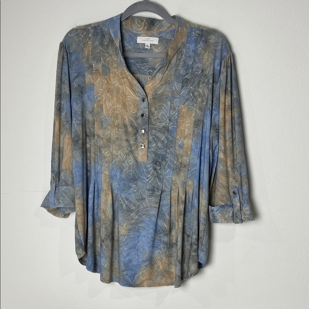 New Directions Blue & Tan Embroidered Blouse